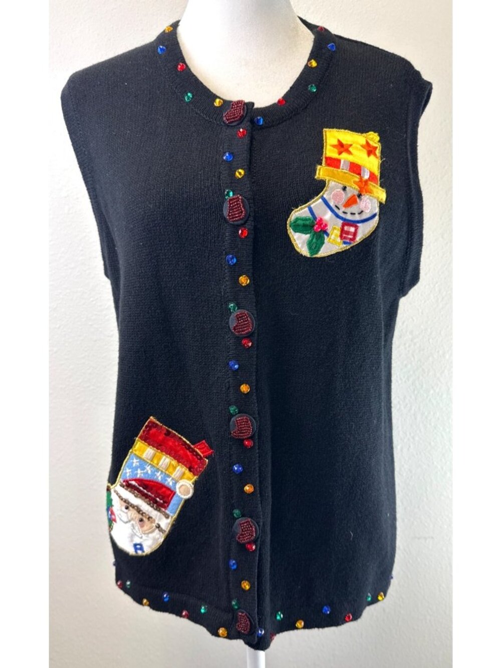 Vintage Christmas Sweater Vest Rhinestone Stocking Design Lisa International Med